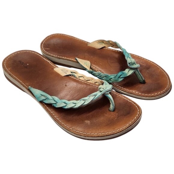 Olukai Kahiko Braided Leather Thong Sandals 8 Flip Flops Turquoise Boho Flat - Picture 2 of 9